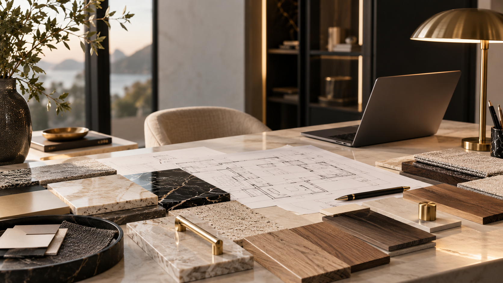Architectural plans surrounded by building material samples in a design studio